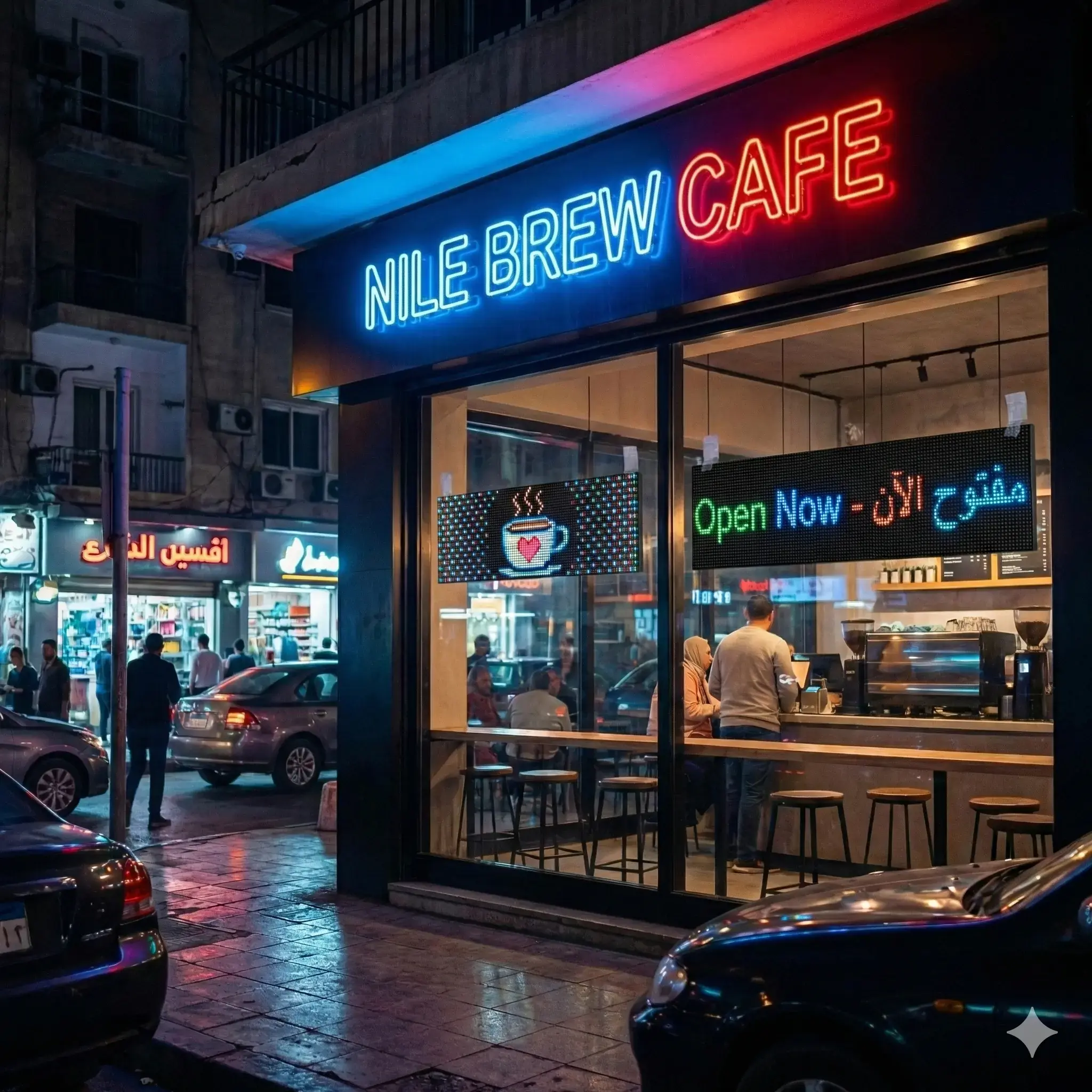 كافيه في المعادي ليلاً مع شاشة LED