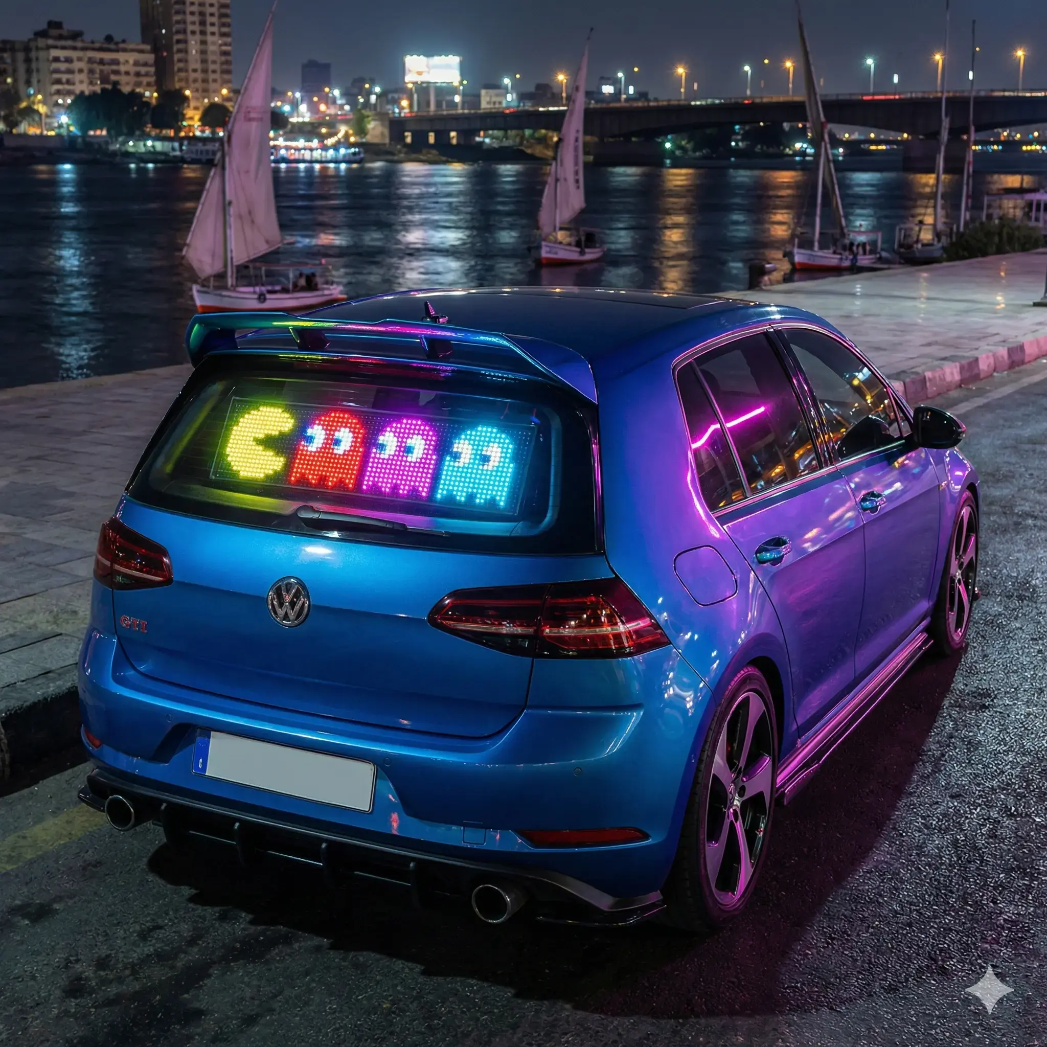 سيارة رياضية على كورنيش النيل مع شاشة LED باك مان