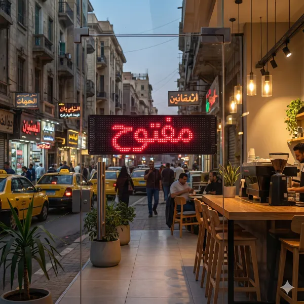 واجهة محل مع شاشة LED تعرض مفتوح